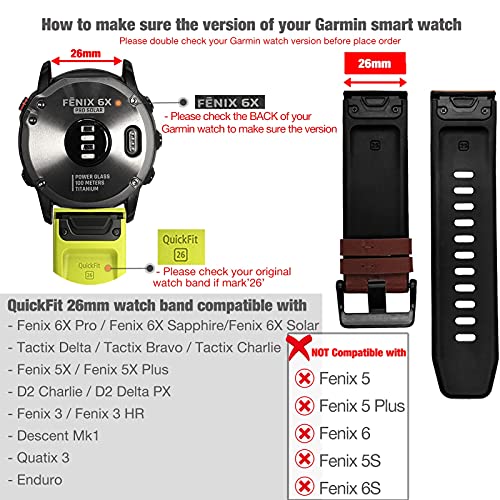 YOOSIDE Para Garmin Fenix 6X/Fenix 5X, correa de piel auténtica + silicona de repuesto, QuickFit 26 mm, cierre de acero inoxidable para Fenix 6X Pro/Sapphire, Tactix Delta, Fenix 3 (marrón oscuro)