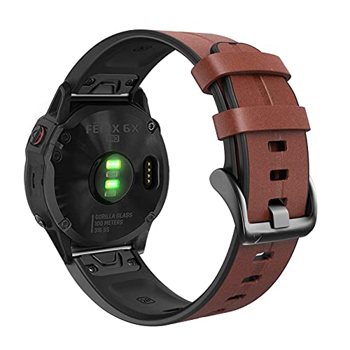 YOOSIDE Para Garmin Fenix 6X/Fenix 5X, correa de piel auténtica + silicona de repuesto, QuickFit 26 mm, cierre de acero inoxidable para Fenix 6X Pro/Sapphire, Tactix Delta, Fenix 3 (marrón oscuro)