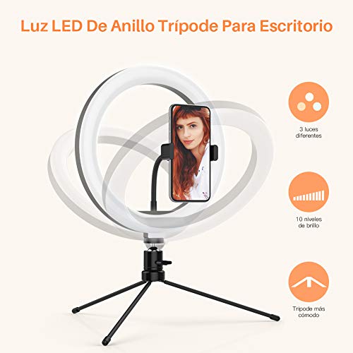 Yoozon 10" Luz de Anillo LED fotográfica de Escritorio, 3 Color 10 Brillo, Trípode con Soporte Giratorio de teléfono para Transmisión en Vivo, Selfie, Maquillaje, Videoconferencia, Youtube, TikTok