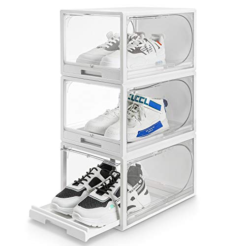 YORBAY Juego de 3 Cajas de Zapatos apilables para Almacenamiento de Zapatos, Puertas y Tapas Transparentes de plástico a Prueba de Polvo y Humedad, 37 x 26,5 x 21 cm