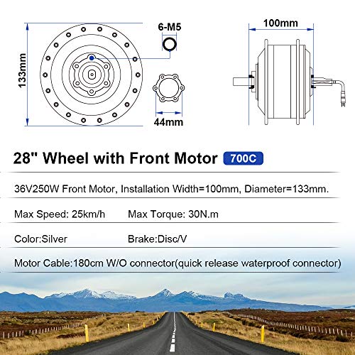 YOSE POWER Hub Motor 36V250W 28" Front Motor Bicycle E-Bike Hub Conversion Kit Silver DIY E-Bike LCD Display with Front Light …