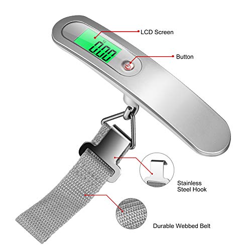 Yosemy - Báscula Digital para Equipaje, 1 Unidad, báscula para Equipaje, 2 Piezas, Maleta Colgante con indicador de Temperatura, 50 kg de Capacidad, práctica para Viajes, Vida Familiar (Plateada)