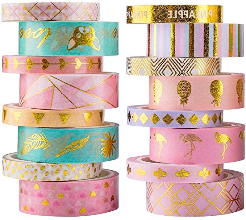 YUBX 16 Rollo Oro Washi Tape Set Masking Tape cinta adhesiva decorativa Washi Glitter Adhesivo de Cinta Decorativa para DIY Crafts Scrapbooking (Gold 16)