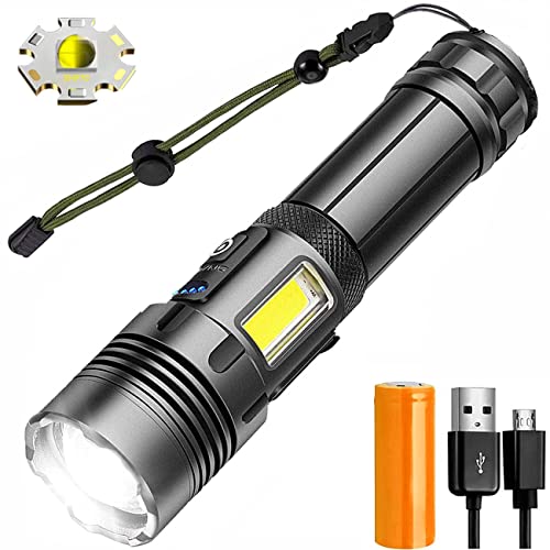 YVKVO Linterna LED Alta Potencia Recargable 10000 Lúmenes LED y COB 2 en 1 Linterna Militar XHP70 con Batería, 7 Modos Zoomable IPX5 Impermeable Banco de Energía Linterna para Camping Senderismo