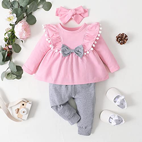 YWLINK Conjunto De Ropa De Bebé NiñA Manga Larga Mameluco con Volantes Mangas Acampanadas Top Suelto + Pantalones Color sólido+Venda ReciéN Nacido NiñAs Invierno Trajes 3 Piezas