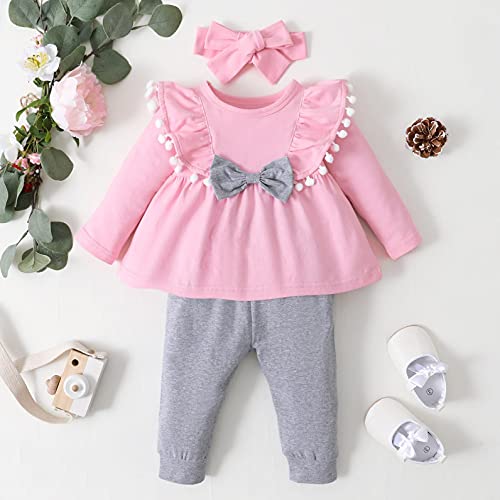 YWLINK Conjunto De Ropa De Bebé NiñA Manga Larga Mameluco con Volantes Mangas Acampanadas Top Suelto + Pantalones Color sólido+Venda ReciéN Nacido NiñAs Invierno Trajes 3 Piezas