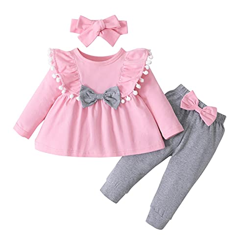 YWLINK Conjunto De Ropa De Bebé NiñA Manga Larga Mameluco con Volantes Mangas Acampanadas Top Suelto + Pantalones Color sólido+Venda ReciéN Nacido NiñAs Invierno Trajes 3 Piezas