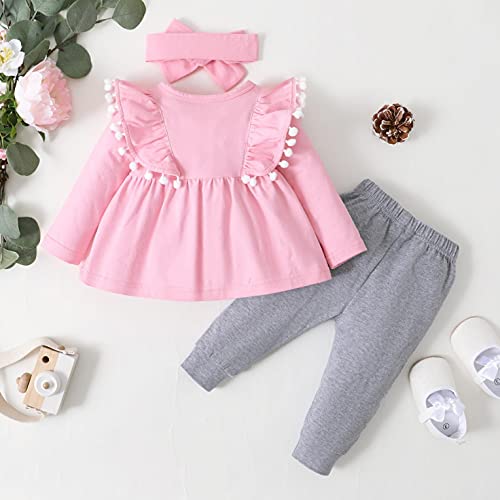 YWLINK Conjunto De Ropa De Bebé NiñA Manga Larga Mameluco con Volantes Mangas Acampanadas Top Suelto + Pantalones Color sólido+Venda ReciéN Nacido NiñAs Invierno Trajes 3 Piezas