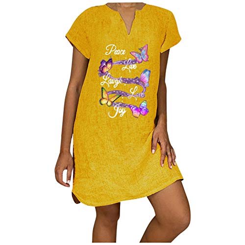 YWLINK Vestido De Lino De Las Mujeres con Vestido De Playa Color SóLido Vestido De Una LíNea hasta La Rodilla Suelto Ocasionales De La Camiseta,Vestido De AlgodóN Y Lino Estampado De Manga Corta