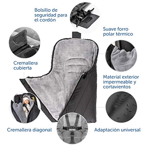 Zamboo Saco Grupo 0 Universal DELUXE - Saco Capazo Bebe Invierno con forro polar térmico - Saco Cuco bebe con capucha tipo momia y bolsa - color Negro/Gris