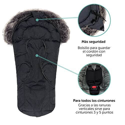 Zamboo Saco Grupo 0 Universal Invierno - Saco Capazo Bebe con forro polar térmico y pelo - Saco Cuco bebe universal para arnés de seguridad de 3 y 5 puntos- gris oscuro