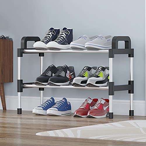 Zapatero de 2 capas pequeño 8,8 mm de tubo de acero espesado, organizador de almacenamiento adecuado para dormitorio, alquiler de casa, balcón, apilable, zapatero, fácil de mover con mango