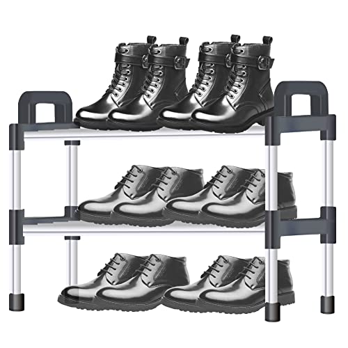 Zapatero de 2 capas pequeño 8,8 mm de tubo de acero espesado, organizador de almacenamiento adecuado para dormitorio, alquiler de casa, balcón, apilable, zapatero, fácil de mover con mango