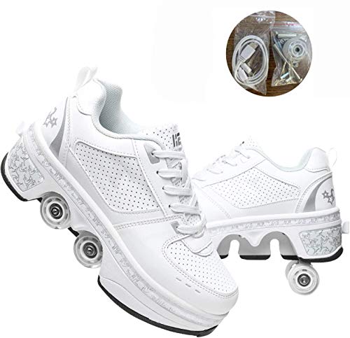 Zapatos con Ruedas Zapatillas, LED Ajustables Patines De Cuatro Ruedas, Zapatos Deportivos Intermitentes para Adultos con Carga USB, 7 Colores Que Cambian Las Zapatillas,White-36