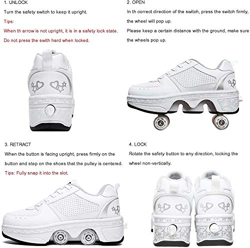 Zapatos con Ruedas Zapatillas, LED Ajustables Patines De Cuatro Ruedas, Zapatos Deportivos Intermitentes para Adultos con Carga USB, 7 Colores Que Cambian Las Zapatillas,White-36