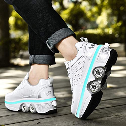 Zapatos con Ruedas Zapatillas, LED Ajustables Patines De Cuatro Ruedas, Zapatos Deportivos Intermitentes para Adultos con Carga USB, 7 Colores Que Cambian Las Zapatillas,White-36