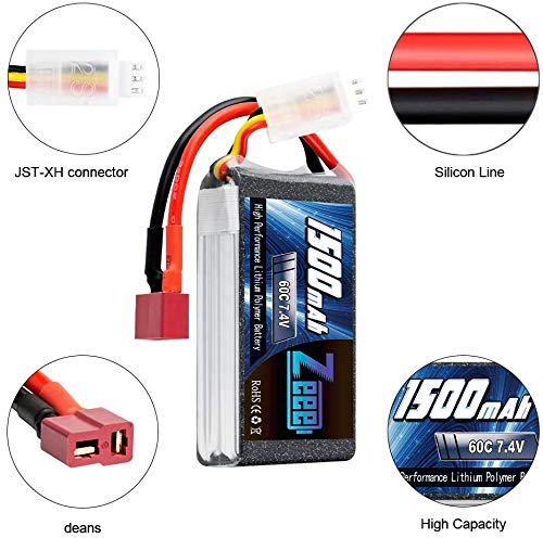 Zeee 2S - Batería de polímero de litio (7,4 V, 60 C, 1500 mAh, con conector en T, para aviones teledirigidos, aviones con mando a distancia, 2 unidades)