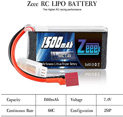 Zeee 2S - Batería de polímero de litio (7,4 V, 60 C, 1500 mAh, con conector en T, para aviones teledirigidos, aviones con mando a distancia, 2 unidades)