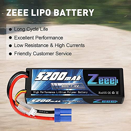 Zeee 2S Lipo Batería 5200mAh 7.4V 80C Estuche rígido Batería con Enchufe EC5 para 1/8 1/10 Vehículos RC Coche RC Buggy Truggy RC Avión UAV Drone FPV (2 Unidades)