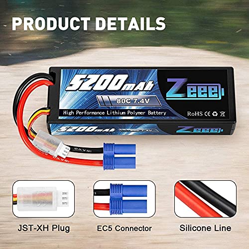 Zeee 2S Lipo Batería 5200mAh 7.4V 80C Estuche rígido Batería con Enchufe EC5 para 1/8 1/10 Vehículos RC Coche RC Buggy Truggy RC Avión UAV Drone FPV (2 Unidades)