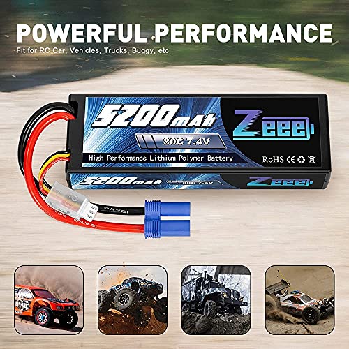 Zeee 2S Lipo Batería 5200mAh 7.4V 80C Estuche rígido Batería con Enchufe EC5 para 1/8 1/10 Vehículos RC Coche RC Buggy Truggy RC Avión UAV Drone FPV (2 Unidades)