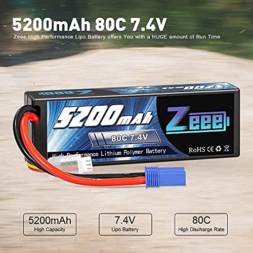 Zeee 2S Lipo Batería 5200mAh 7.4V 80C Estuche rígido Batería con Enchufe EC5 para 1/8 1/10 Vehículos RC Coche RC Buggy Truggy RC Avión UAV Drone FPV (2 Unidades)