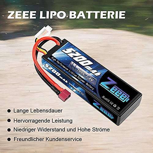 Zeee 2S Lipo Battery 5200mAh 7.4V 100C Estuche rígido con Deans T Plug para vehículos RC 1/8 y 1/10 Coche RC Buggy Truggy RC Avión UAV Drone FPV (2 Unidades)