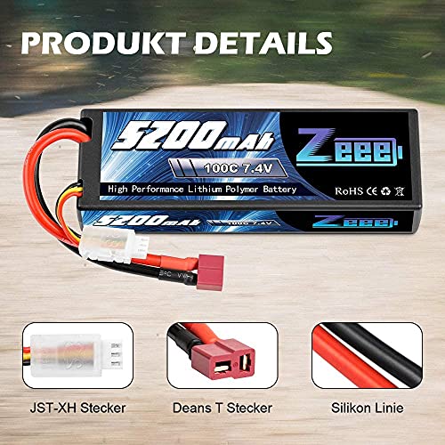 Zeee 2S Lipo Battery 5200mAh 7.4V 100C Estuche rígido con Deans T Plug para vehículos RC 1/8 y 1/10 Coche RC Buggy Truggy RC Avión UAV Drone FPV (2 Unidades)