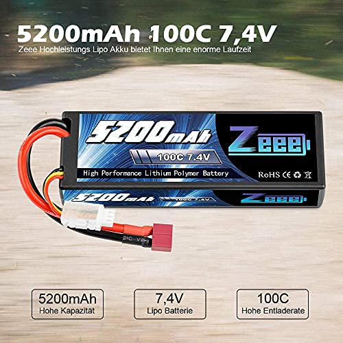 Zeee 2S Lipo Battery 5200mAh 7.4V 100C Estuche rígido con Deans T Plug para vehículos RC 1/8 y 1/10 Coche RC Buggy Truggy RC Avión UAV Drone FPV (2 Unidades)