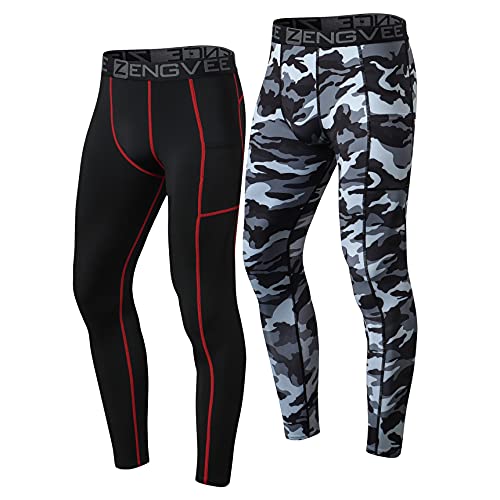 ZENGVEE 2 Piezas Leggings Mallas Hombre Pantalón de Compresión Secado Rápido Pantalón Largo Hombre Deporte para Running Fitness（1818） Black Camo Black-L