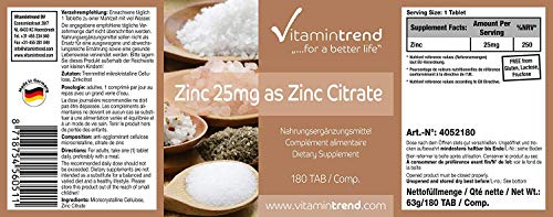 Zinc 25 mg – 180 comprimidos – ¡¡Bote para 6 MESES!!– citrato de zinc – vegano – altamente dosificado