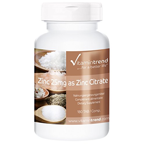 Zinc 25 mg – 180 comprimidos – ¡¡Bote para 6 MESES!!– citrato de zinc – vegano – altamente dosificado