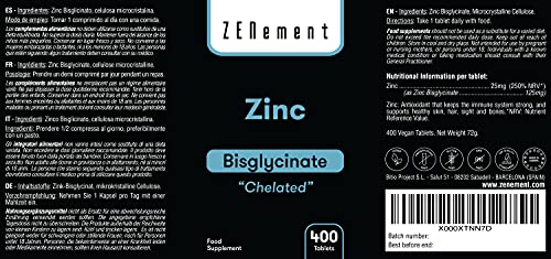 Zinc 25 mg (Bisglicinato), QUELADO, 400 Comprimidos | Antioxidante, ayuda al sistema inmunológico, piel, cabello y vista | Vegano | de Zenement
