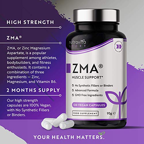 ZMA de alta resistencia - 120 cápsulas veganas - Contribuye a los niveles de testosterona, la función muscular normal y el metabolismo energético - Zinc, magnesio y vitamina B6 - Nutravita