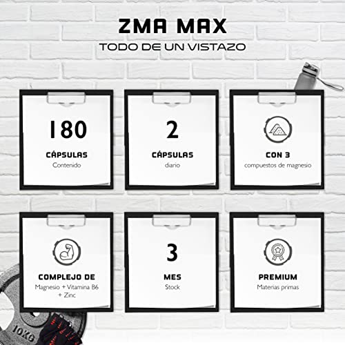 ZMA MAX - 180 Cápsulas - Dosis extra altas - Zinc + Magnesio + Vitamina B6 - Premium: Con 3 compuestos de magnesio - Vegano