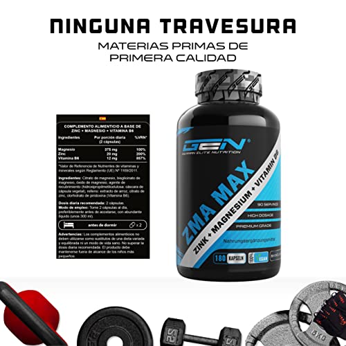 ZMA MAX - 180 Cápsulas - Dosis extra altas - Zinc + Magnesio + Vitamina B6 - Premium: Con 3 compuestos de magnesio - Vegano