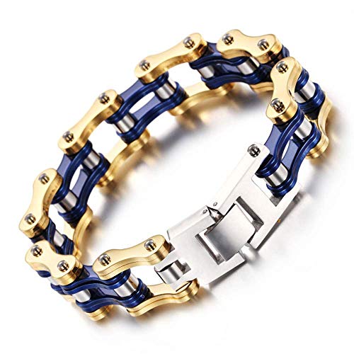 ZMJYH Pulsera Minimalista De Acero De Titanio, Pulsera De Ciclismo Tendencia Oro Azul Engrosamiento Cadena De Bicicleta Pulsera De Acero De Titanio Joyería, Resistente Al Agua 22 Cm para Hombres