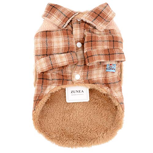 Zunea Chaqueta para perros pequeños, abrigo de tartán de invierno, forro polar cálido, ropa para cachorros, ropa suave a cuadros fríos para Chihuahua, Yorkshire, marrón, XL