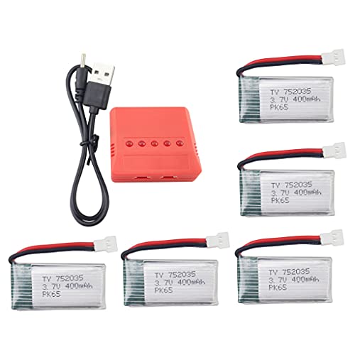 ZYGY 5PCS 3.7V 400mAh Lipo Batería y 5en1 Cargador para H99W H31 H6C H98 AT-96 TR-C385 TR-P51 TR-F22 RC Quadcopter repuestos(Rojo)