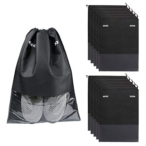 10 Piezas Bolsas de Zapatos,Bolsa a Prueba de Polvo Zapatos Multifunción Plegables Bolsas de Zapatos con Cordón y Ventana Transparente (Negro)