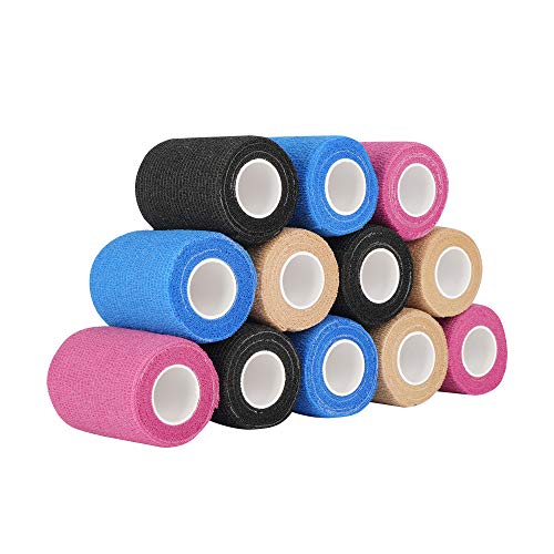 12 Rollos Vendas Cohesivas Autoadhesivas de 7.5 cm x 4. 5 m de Colores Surtidos (Azul, Beige, Negro, Rosa)