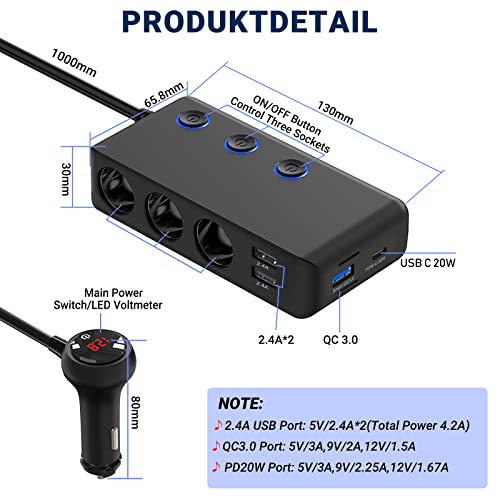 12V USB C Divisor Encendedor Cigarrillos, Qidoe 200W 12V/24V Divisor Salida CC de alimentación de Coche con 3 zócalo más Profundo 4 Puertos de Carga USB & Interruptor de Encendido del voltímetro LED