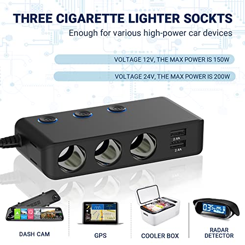 12V USB C Divisor Encendedor Cigarrillos, Qidoe 200W 12V/24V Divisor Salida CC de alimentación de Coche con 3 zócalo más Profundo 4 Puertos de Carga USB & Interruptor de Encendido del voltímetro LED