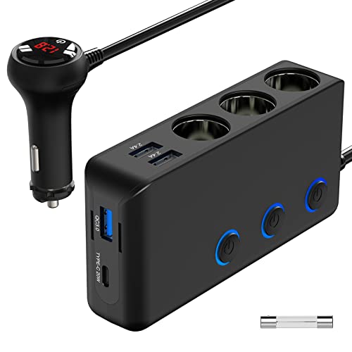 12V USB C Divisor Encendedor Cigarrillos, Qidoe 200W 12V/24V Divisor Salida CC de alimentación de Coche con 3 zócalo más Profundo 4 Puertos de Carga USB & Interruptor de Encendido del voltímetro LED