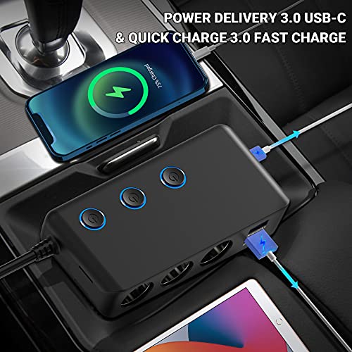 12V USB C Divisor Encendedor Cigarrillos, Qidoe 200W 12V/24V Divisor Salida CC de alimentación de Coche con 3 zócalo más Profundo 4 Puertos de Carga USB & Interruptor de Encendido del voltímetro LED