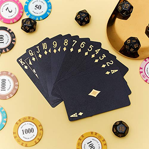 2 Barajas Cartas de Juego Cartas de Poker Impermeables Tarjeta de Poker Pet de Plástico Herramientas de Juego de Póquer Novedad para Fiesta de Juego de Familia (Negro y Dorado)