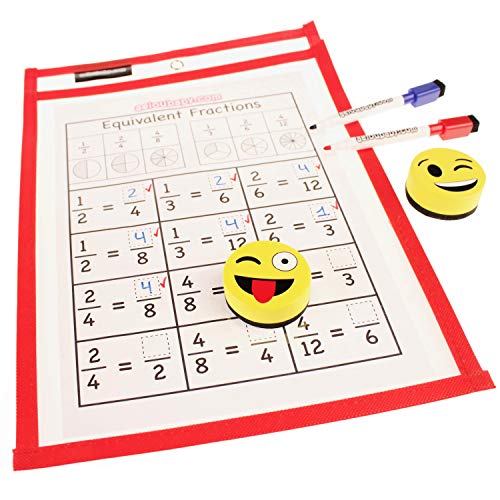 20 Fundas Fichas Reutilizables Papel A4 | Dry Erase Pockets Grandes 36x26cm | PET Reciclable Ecológico | 10 Colores,20 Rotuladores,2 Borradores,2 Globos | Material Escolar,Colegio,Guardería,Ludoteca