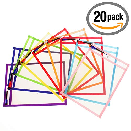 20 Fundas Fichas Reutilizables Papel A4 | Dry Erase Pockets Grandes 36x26cm | PET Reciclable Ecológico | 10 Colores,20 Rotuladores,2 Borradores,2 Globos | Material Escolar,Colegio,Guardería,Ludoteca