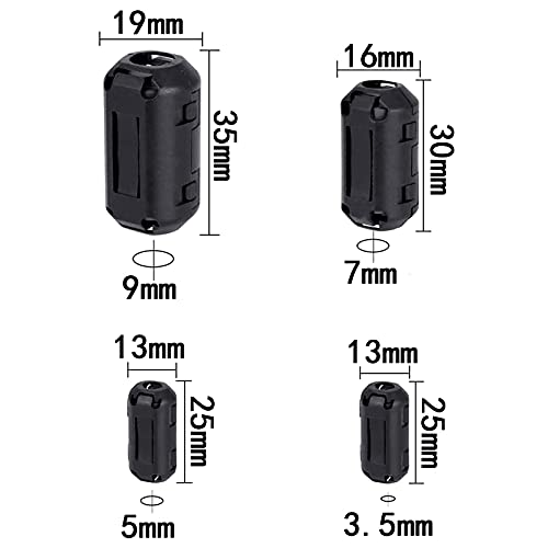 20 Piezas Ferrita, Núcleo Magnético de Anillo de Ferrita 3,5 mm 5 mm 7 mm 9 mm, Núcleos de Ferrita Núcleo de Anillo de Ferrita con Clip, Clip de Cable Supresor de Ruido con Clip, Negro