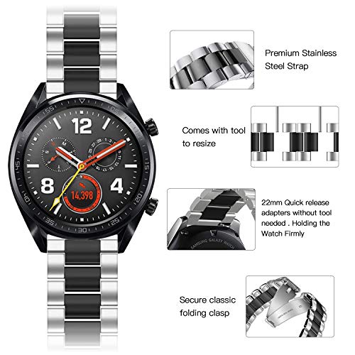 22mm Correa Compatible con Huawei Watch GT/GT 2e/GT2 46mm Correa de Repuesto de Acero Inoxidable Banda de Metálico para Huawei Watch 2 Classic-Plata/Negro